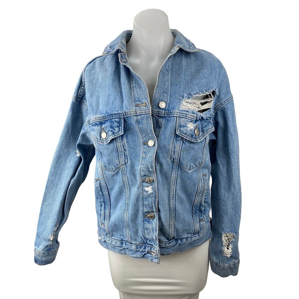 Topshop Women's Blue Distressed Long Sleeve Button Down Denim Jean Jacket Size 2